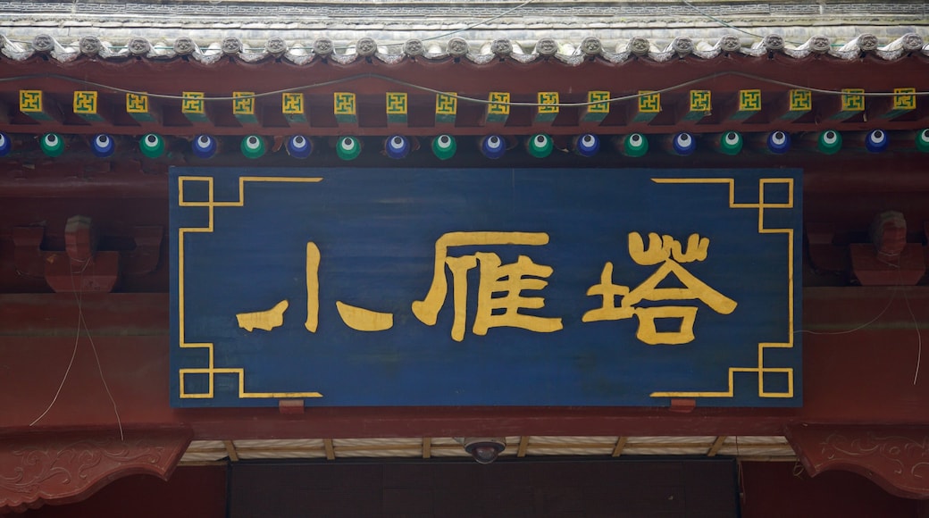 Giant Wild Goose Pagoda showing a temple or place of worship and signage