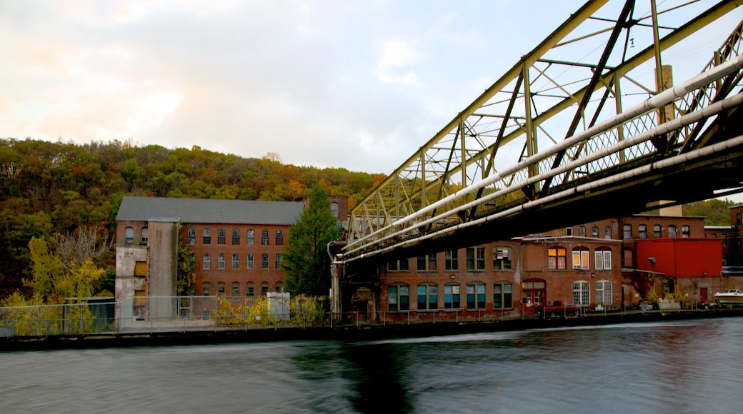 Turners Falls showing a bridge, industrial elements and a river or creek