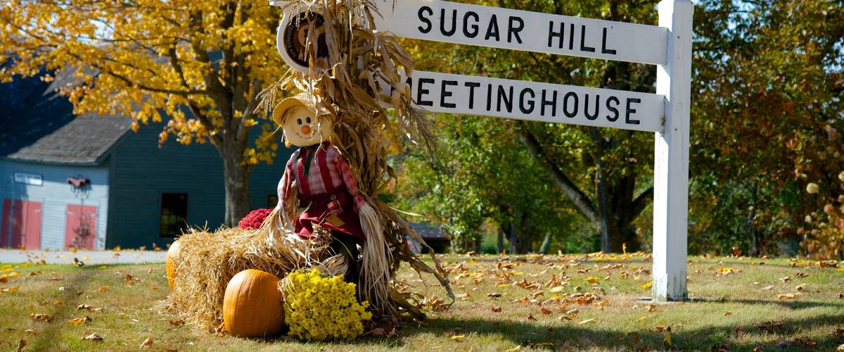 Sugar Hill showing signage and autumn leaves