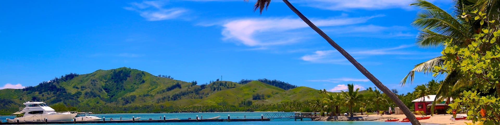 Musket Cove Marina which includes tropical scenes and a sandy beach as well as an individual female
