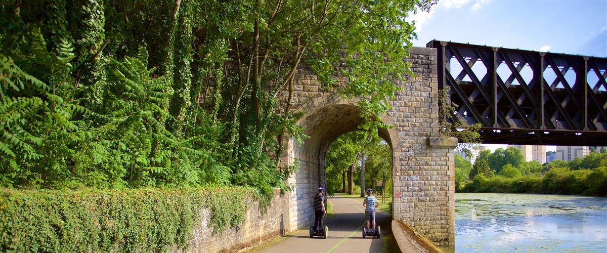 Dijon montrant pont et riviĂšre ou ruisseau aussi bien que couple