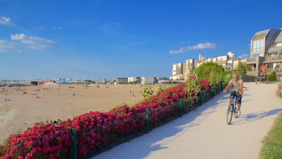 Plage des Minimes montrant fleurs et plage de sable aussi bien que homme