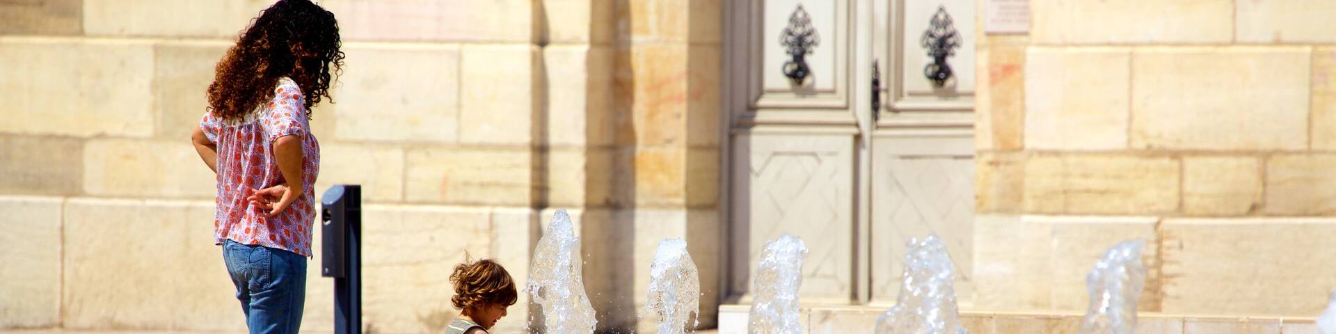 Liberation Square showing a fountain as well as a family