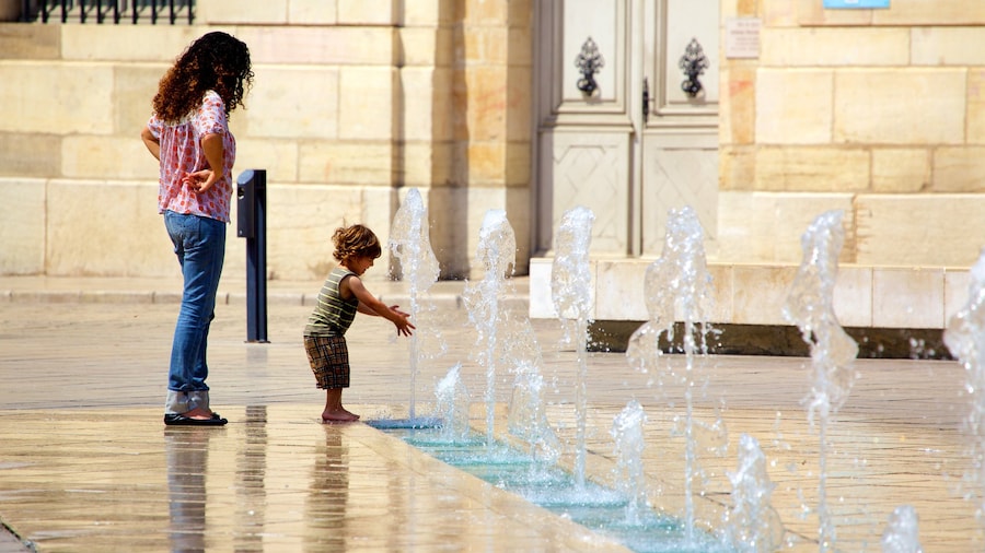 Liberation Square showing a fountain as well as a family