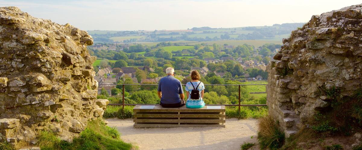 Corfe Castle que incluye una ruina, vistas y una pequeña ciudad o pueblo