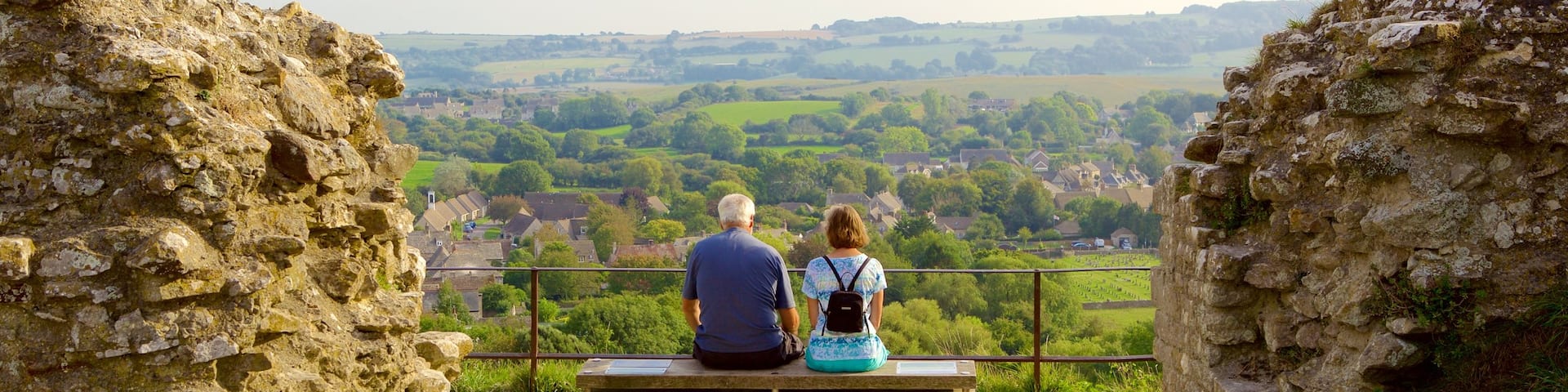 Corfe Castle showing building ruins, views and a small town or village