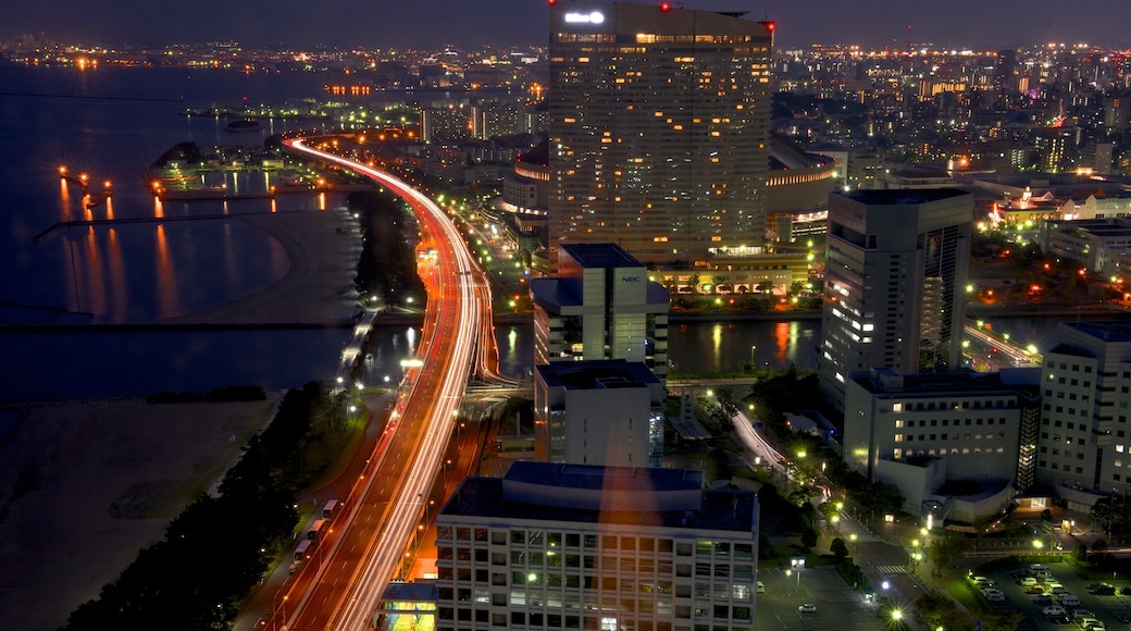 Fukuoka Tower featuring a city and night scenes