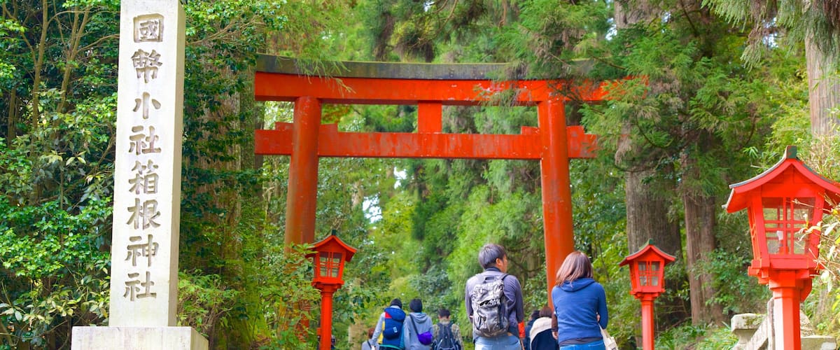 Hakone Shrine que inclui elementos de patrimônio assim como um casal