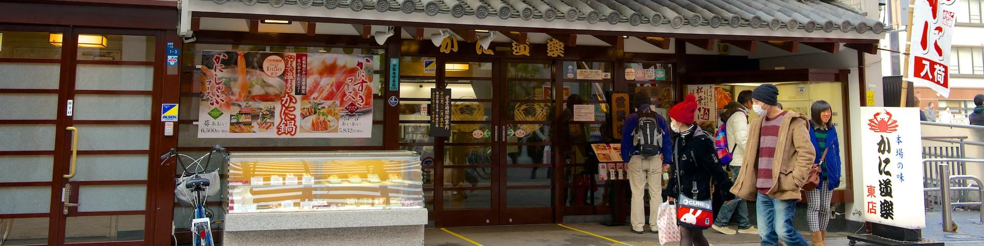 Dotonbori showing shopping as well as a small group of people