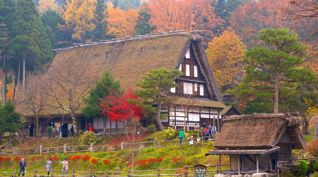 Hida Minzoku Mura Folk Village toont een huis en herfstbladeren