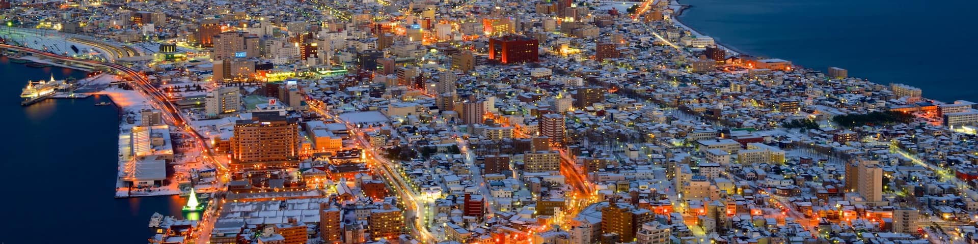 Mount Hakodate showing night scenes, a city and landscape views