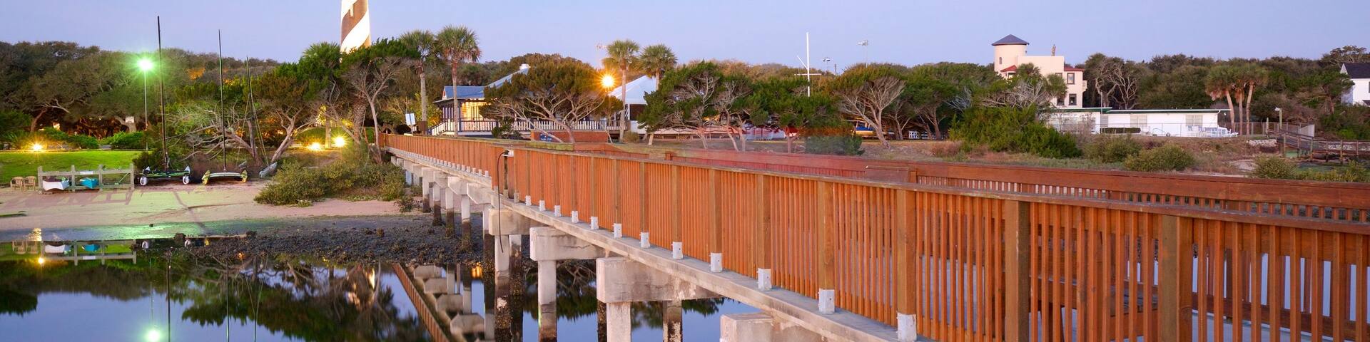 St. Augustine Lighthouse and Museum showing a bridge and night scenes