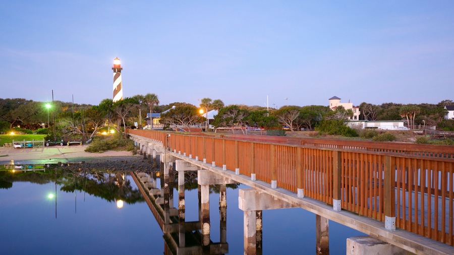 St. Augustine Lighthouse and Museum featuring night scenes and a bridge