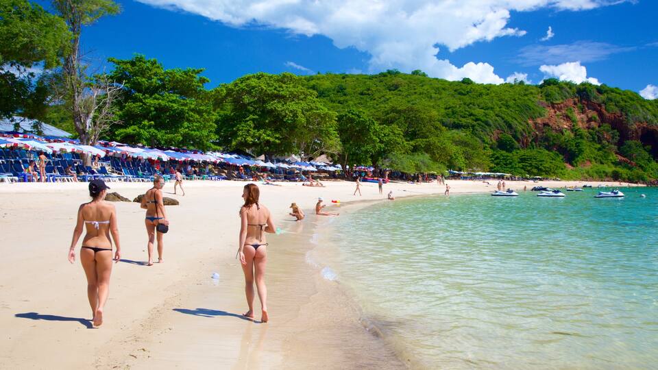 Nual Beach showing a beach as well as a large group of people