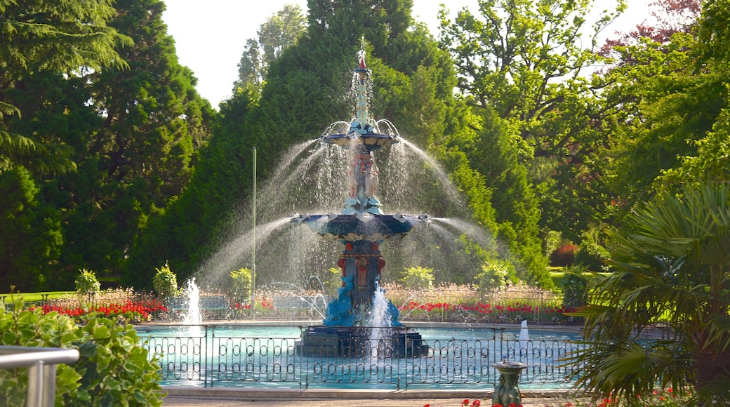 Jardín botánico de Christchurch mostrando una fuente y jardín