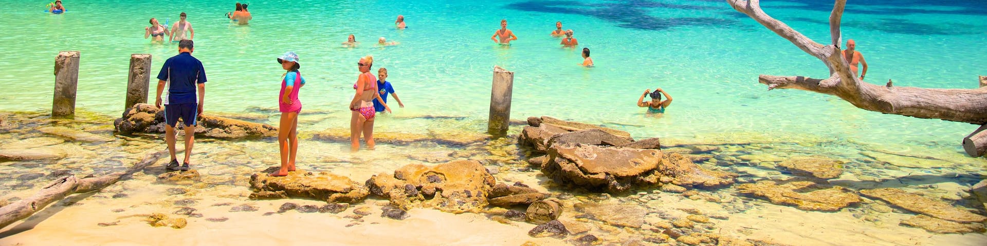 Kanumera Beach featuring rocky coastline and swimming as well as a large group of people