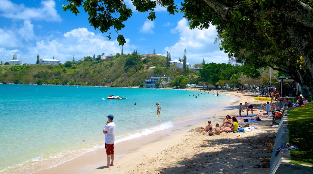 Baie des Citrons featuring a bay or harbour and a sandy beach as well as a large group of people