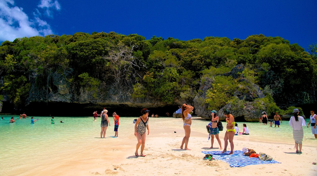 Kanumera Beach showing a sandy beach as well as a large group of people