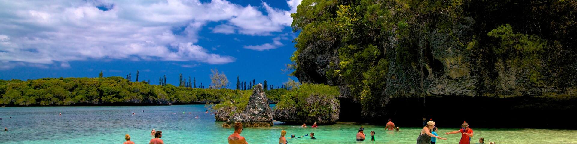 Kanumera Beach showing general coastal views and swimming as well as a large group of people