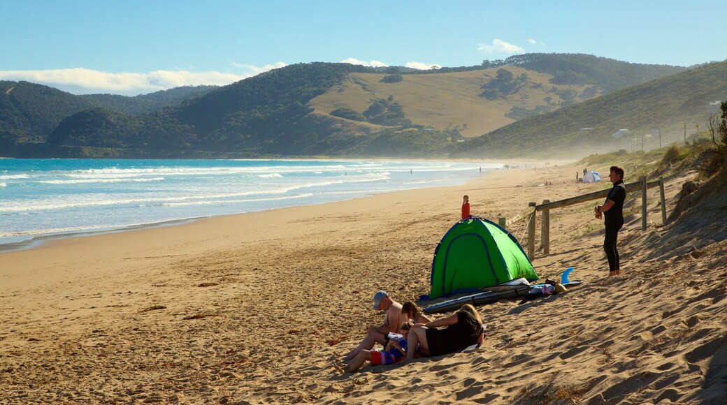 Fairhaven showing mountains and a sandy beach as well as a family