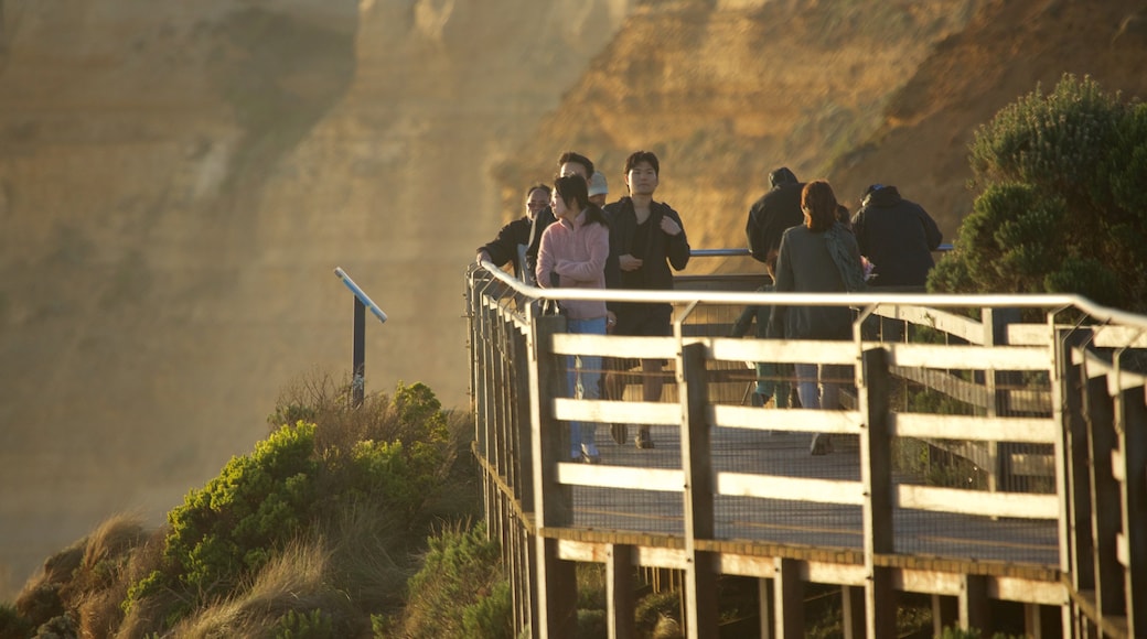 Twelve Apostles which includes a sunset and views as well as a small group of people