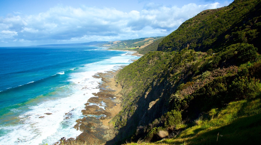 Great Ocean Road showing mountains, rocky coastline and landscape views