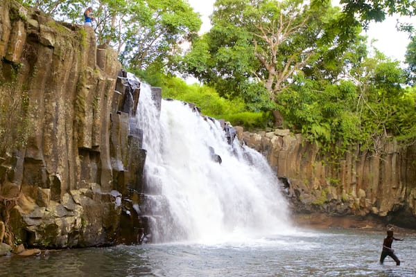 Black River Gorges National Park featuring a lake or waterhole, a waterfall and a gorge or canyon