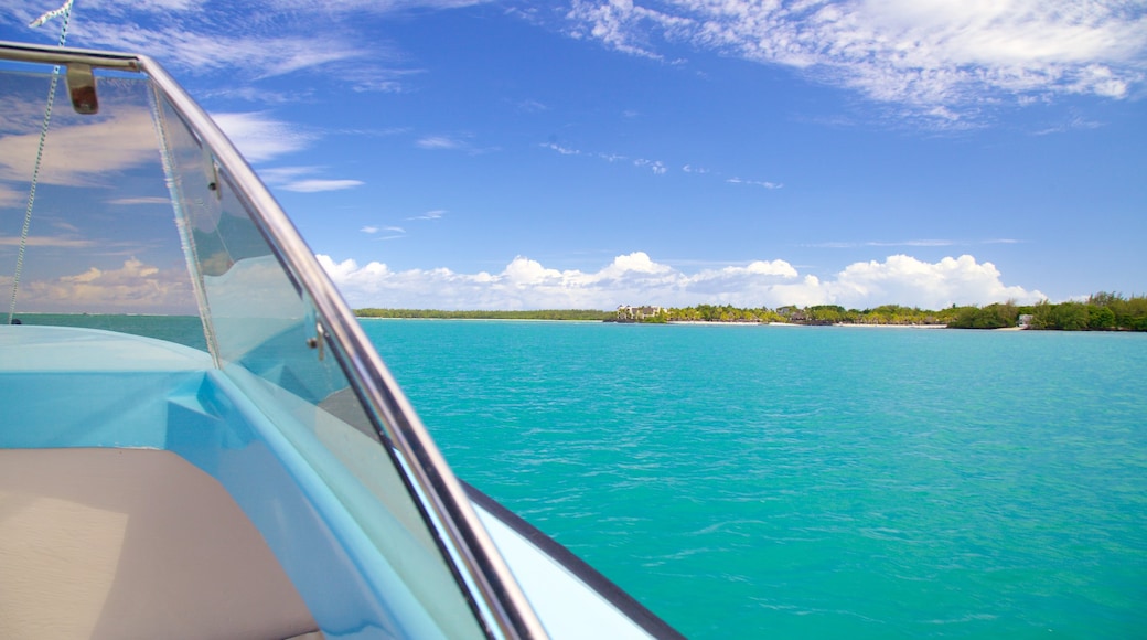 Ile aux Cerfs Beach que incluye botes y vista general a la costa