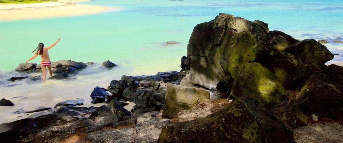Ile aux Cerfs Beach featuring general coastal views and rugged coastline as well as an individual female