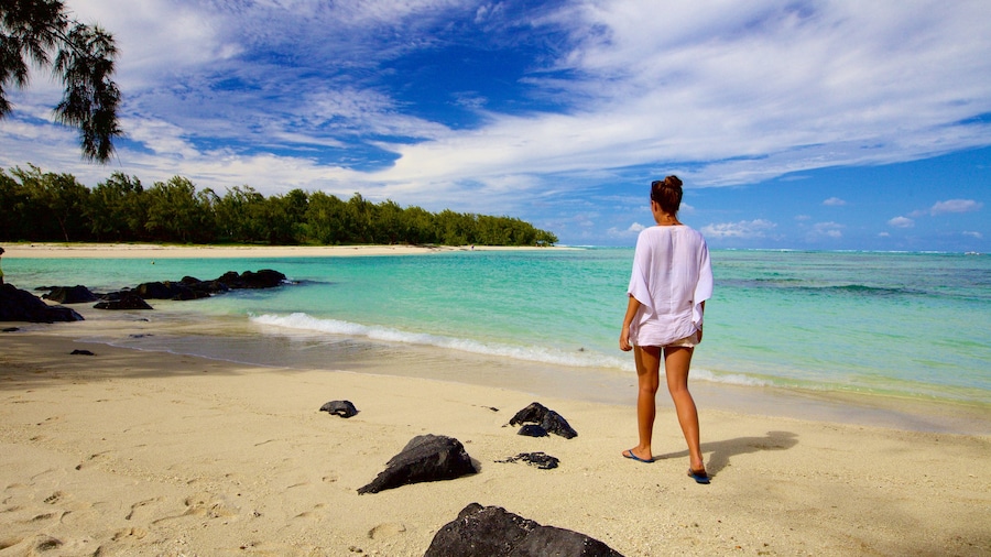 Ile aux Cerfs Beach showing general coastal views and a beach as well as an individual femail