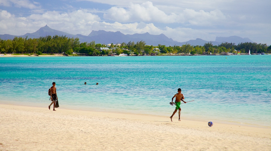 Pieter Both Mountain featuring a sandy beach as well as a small group of people