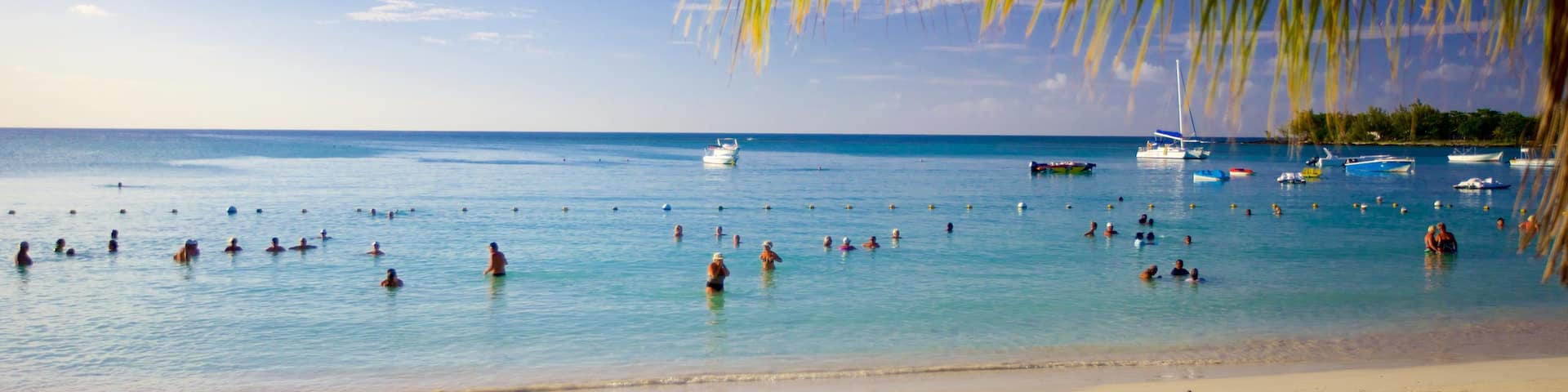 Mauritius showing a sandy beach as well as a small group of people