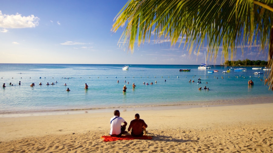 Mauritius showing a sandy beach as well as a small group of people