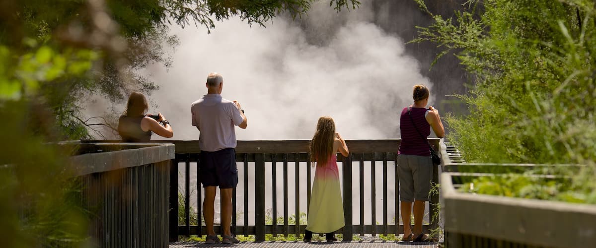 Rotorua mostrando escenas forestales y también un pequeño grupo de personas