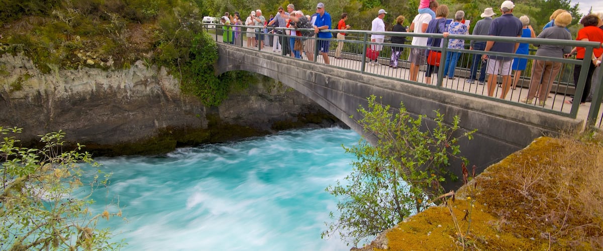 Huka Falls que incluye un puente y rápidos y también un gran grupo de personas
