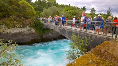 Huka Falls showing rapids and a bridge as well as a large group of people