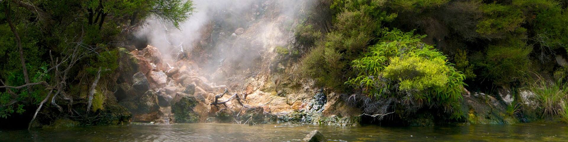 Orakei Korako Geothermal Park and Cave showing mist or fog and a river or creek