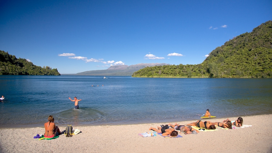 Lake Tarawera showing swimming and a beach as well as a small group of people