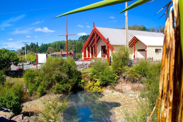Réserve thermale de Whakarewarewa mettant en vedette jardin et église ou cathédrale
