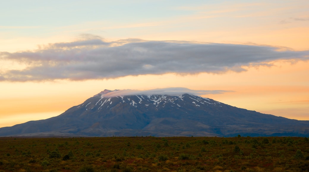 Tongariro National Park showing a sunset and mountains