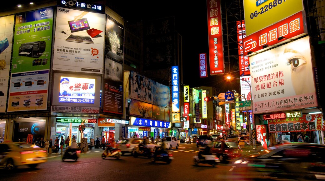 Tainan which includes central business district, a city and night scenes