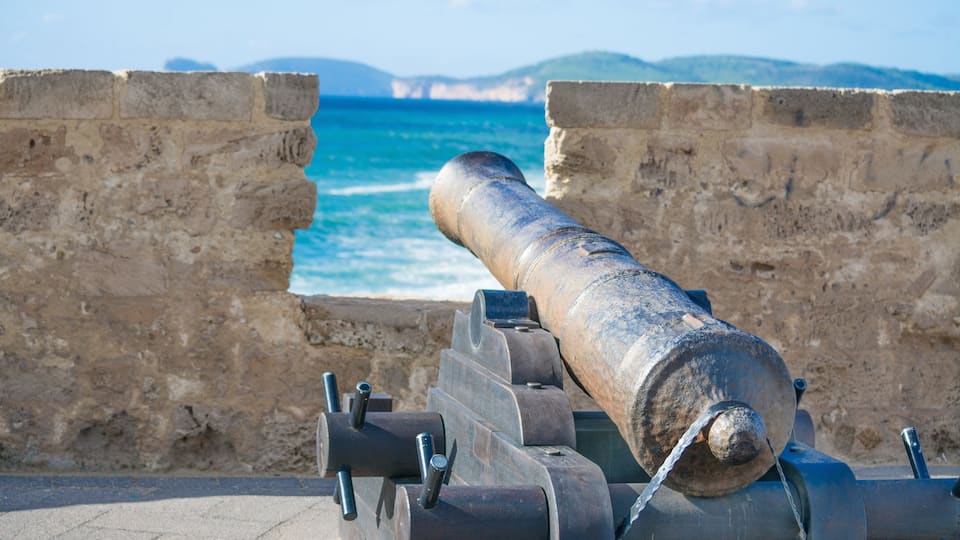 Alghero que incluye artículos militares y vista general a la costa