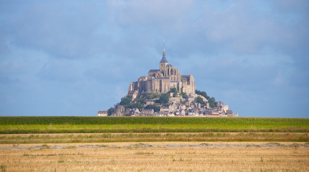 Le Mont-Saint-Michel which includes a small town or village, tranquil scenes and farmland