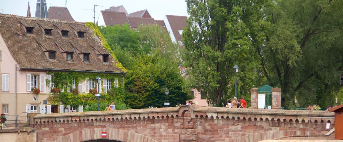 Ponts Couverts inclusief een rivier of beek, een klein stadje of dorpje en een brug