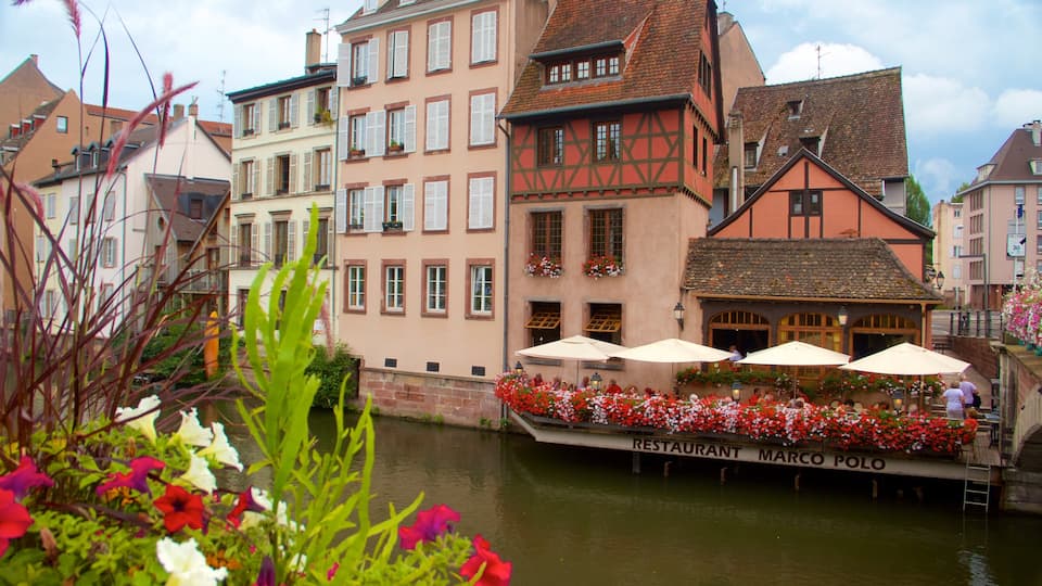 Petite France showing a river or creek, flowers and a city