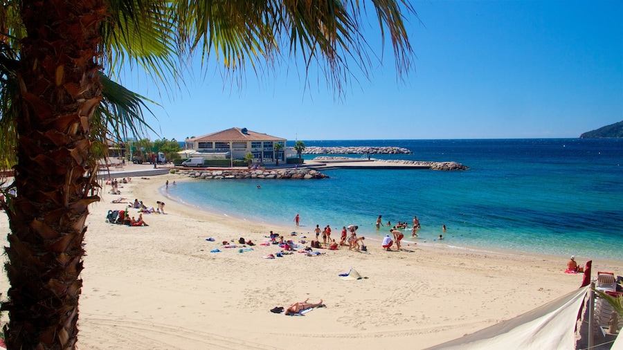 Playa de Toulon que incluye una playa de arena y escenas tropicales