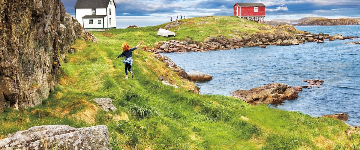 Terranova y Labrador que incluye vistas generales de la costa y también una mujer