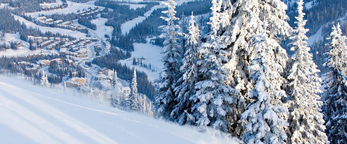 Sun Peaks que inclui esqui na neve, neve e uma cidade pequena ou vila
