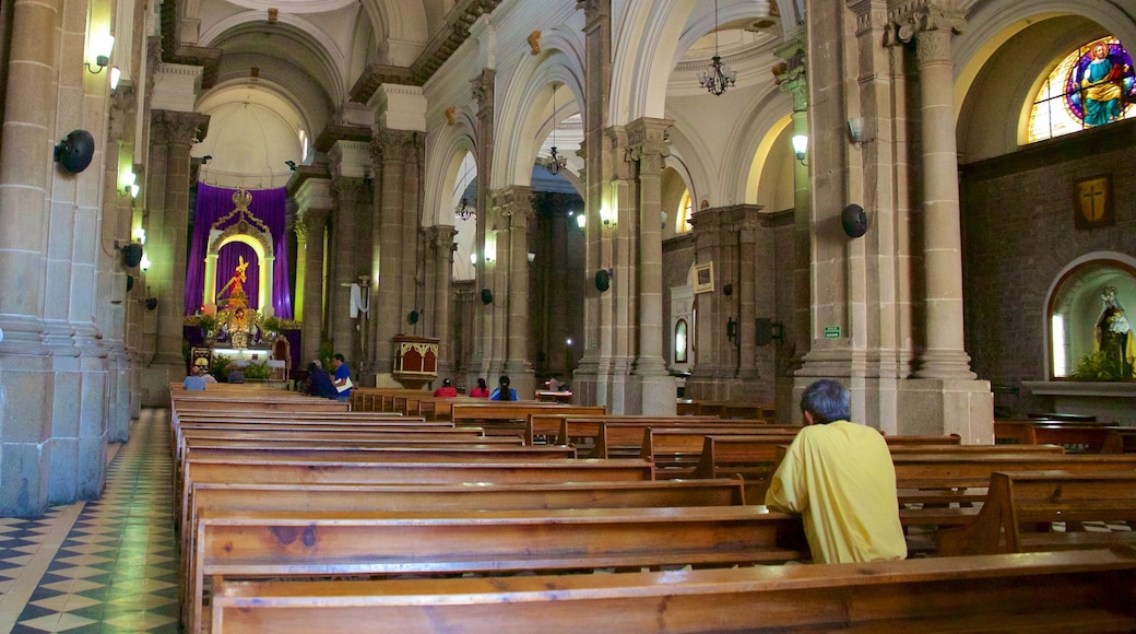 Catedral de Quetzaltenango ofreciendo una iglesia o catedral y vistas interiores y también un hombre