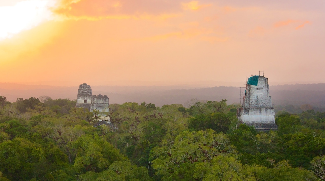 Tikal mettant en vedette patrimoine historique, coucher de soleil et scènes tranquilles